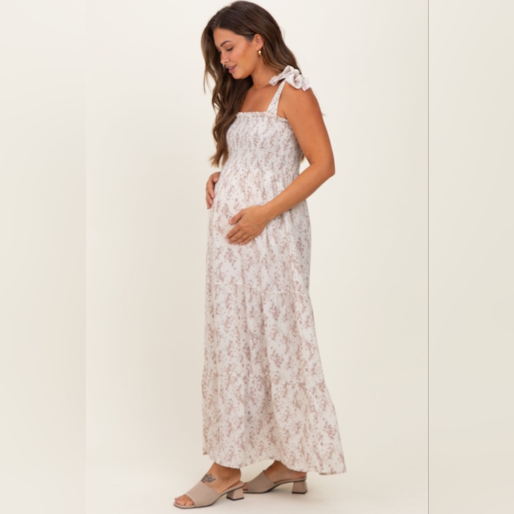 Pinkblush Maternity Dress NWT Shoulder Tie Maxi Ivory Floral - Picture 3 of 5